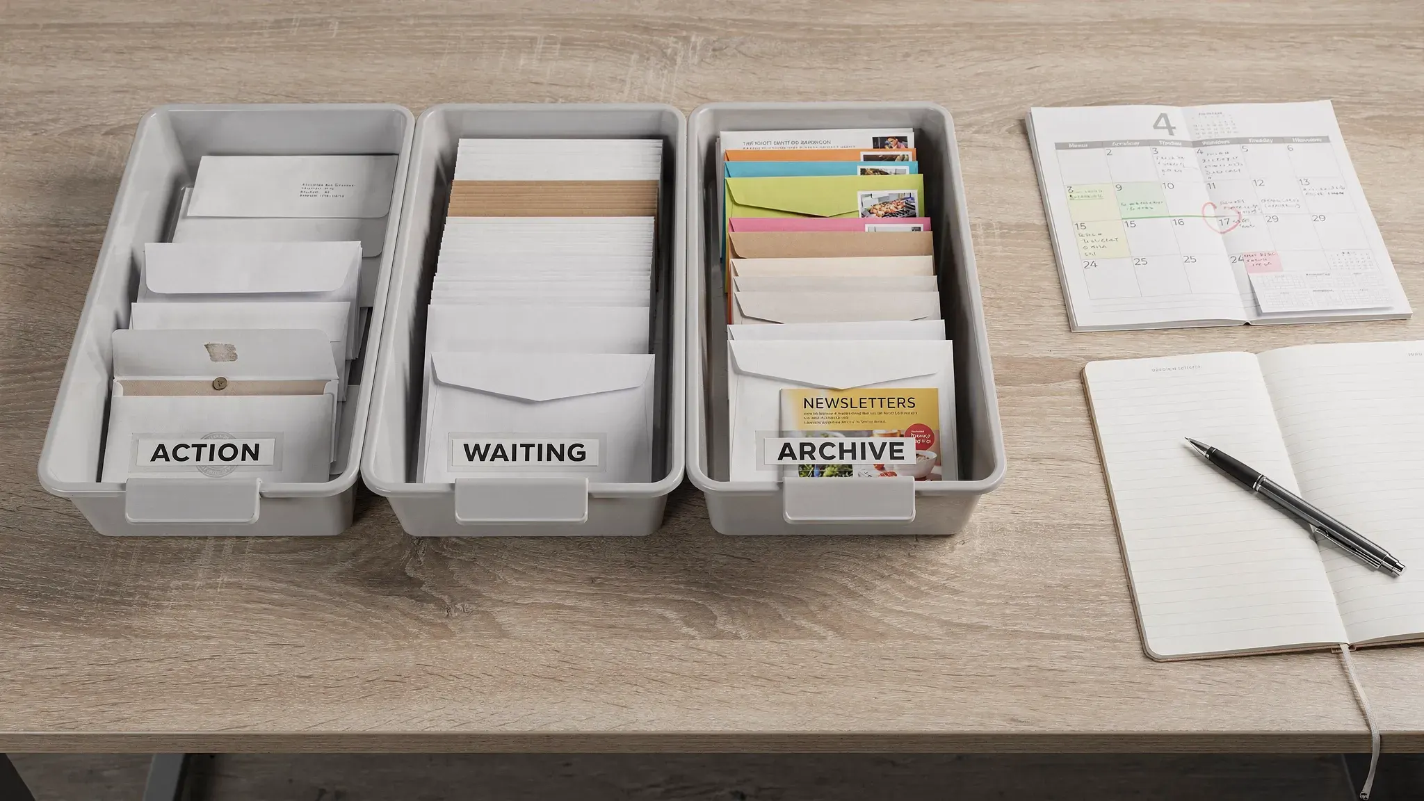 A top-down view of envelopes sorted into labeled trays for action, waiting, archive, and newsletters, with a calendar and notebook nearby to represent inbox control and productivity planning.