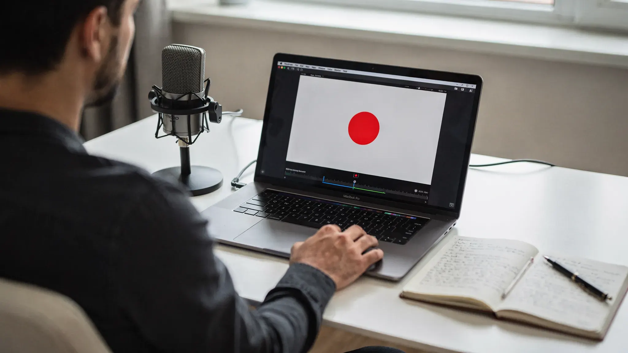 A tutorial creator records a laptop screen with recording controls visible in the correct direction, a microphone on the desk, and notes beside the keyboard.