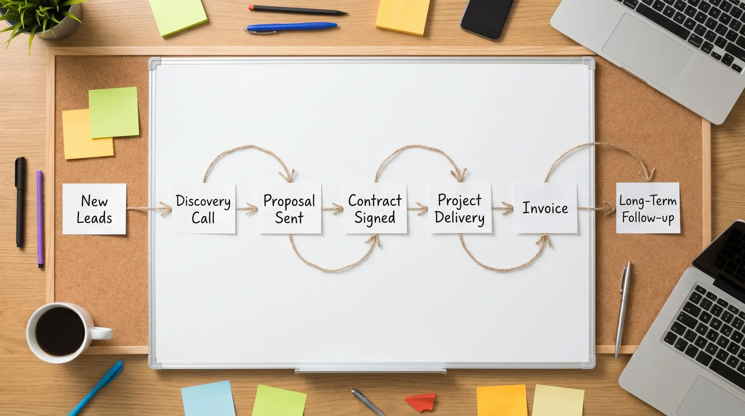 Overhead diagram of a freelancer CRM workflow showing new leads moving through discovery call → proposal sent → contract signed → project delivery → invoice → long-term follow-up.