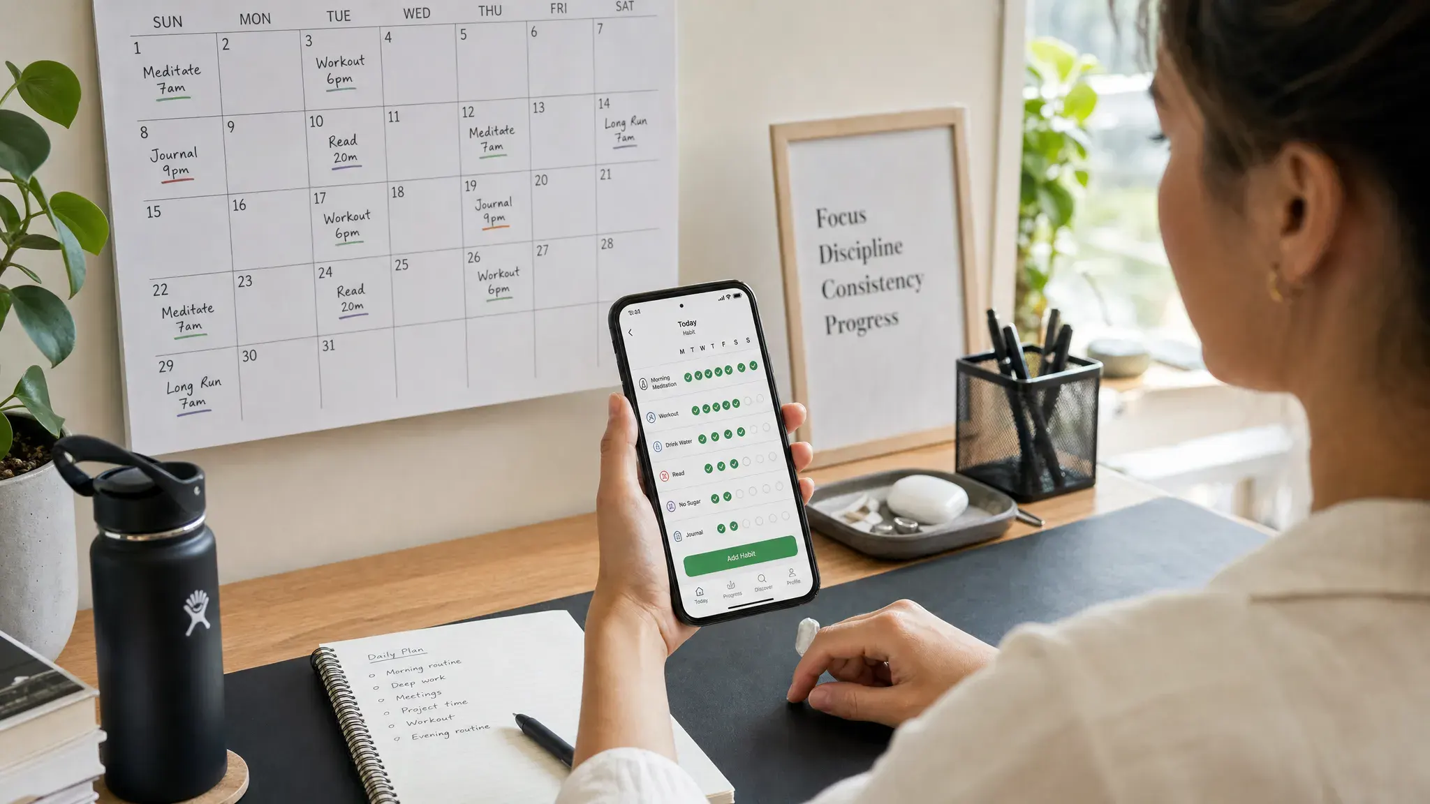 A busy professional checks off a habit tracking app on a smartphone beside a notebook, water bottle, and a wall calendar with recurring routines marked in a tidy workspace.