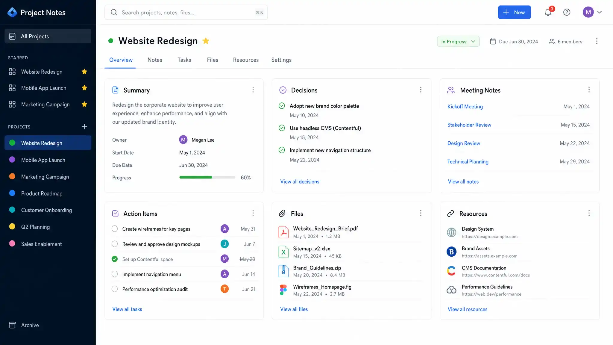A clean digital workspace showing a project notes dashboard with sections for summary, decisions, meeting notes, action items, files, and resources. The view shows multiple projects organized in a sidebar, with a central project hub open and status labels.