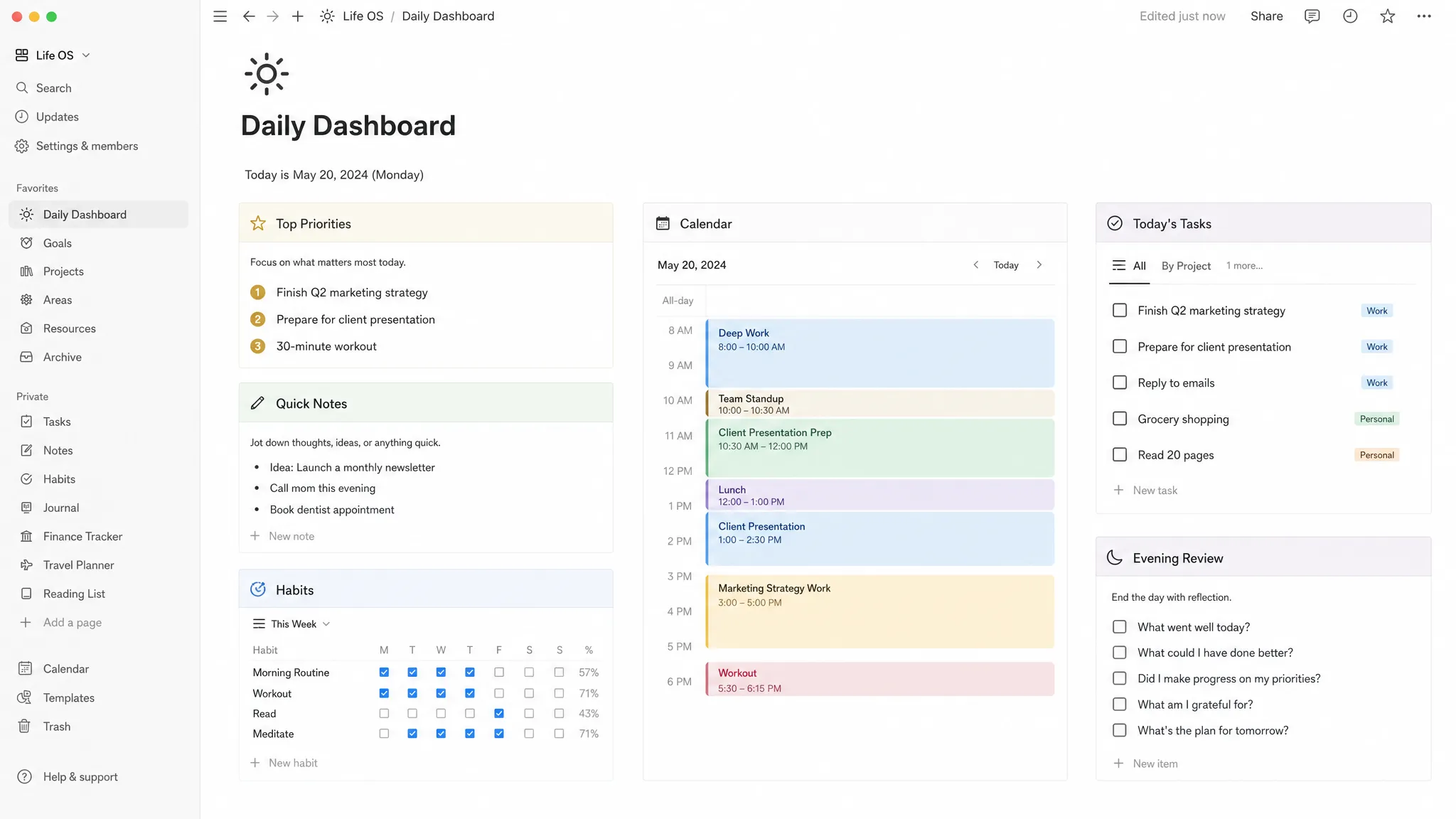 A clean Notion daily dashboard layout with sections for priorities, calendar blocks, task list, quick notes, habits, and an evening review checklist, shown as a page overview with clear blocks and compact linked views.