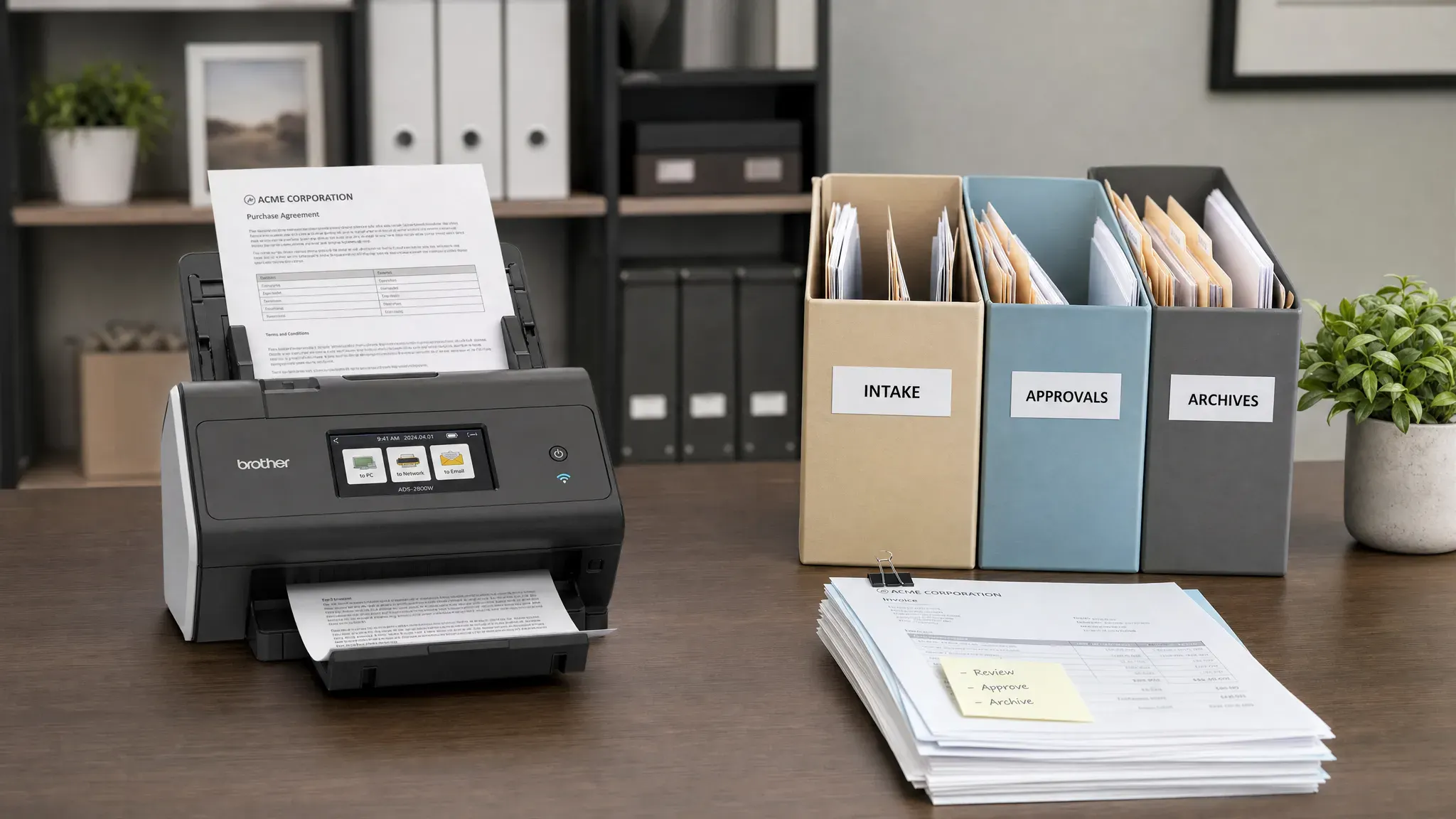 A clean office desk with a compact document scanner, a small stack of documents ready to be digitized, and neatly labeled folders for intake, approvals, and archives representing an organized paperless workflow.