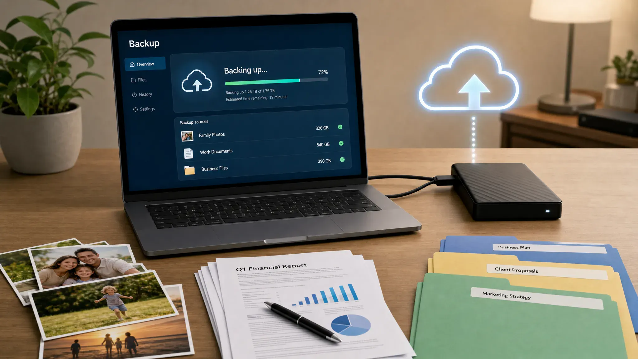 A laptop on a desk beside an external hard drive and a cloud backup icon, with family photos, work documents, and business files arranged as files ready to be backed up.