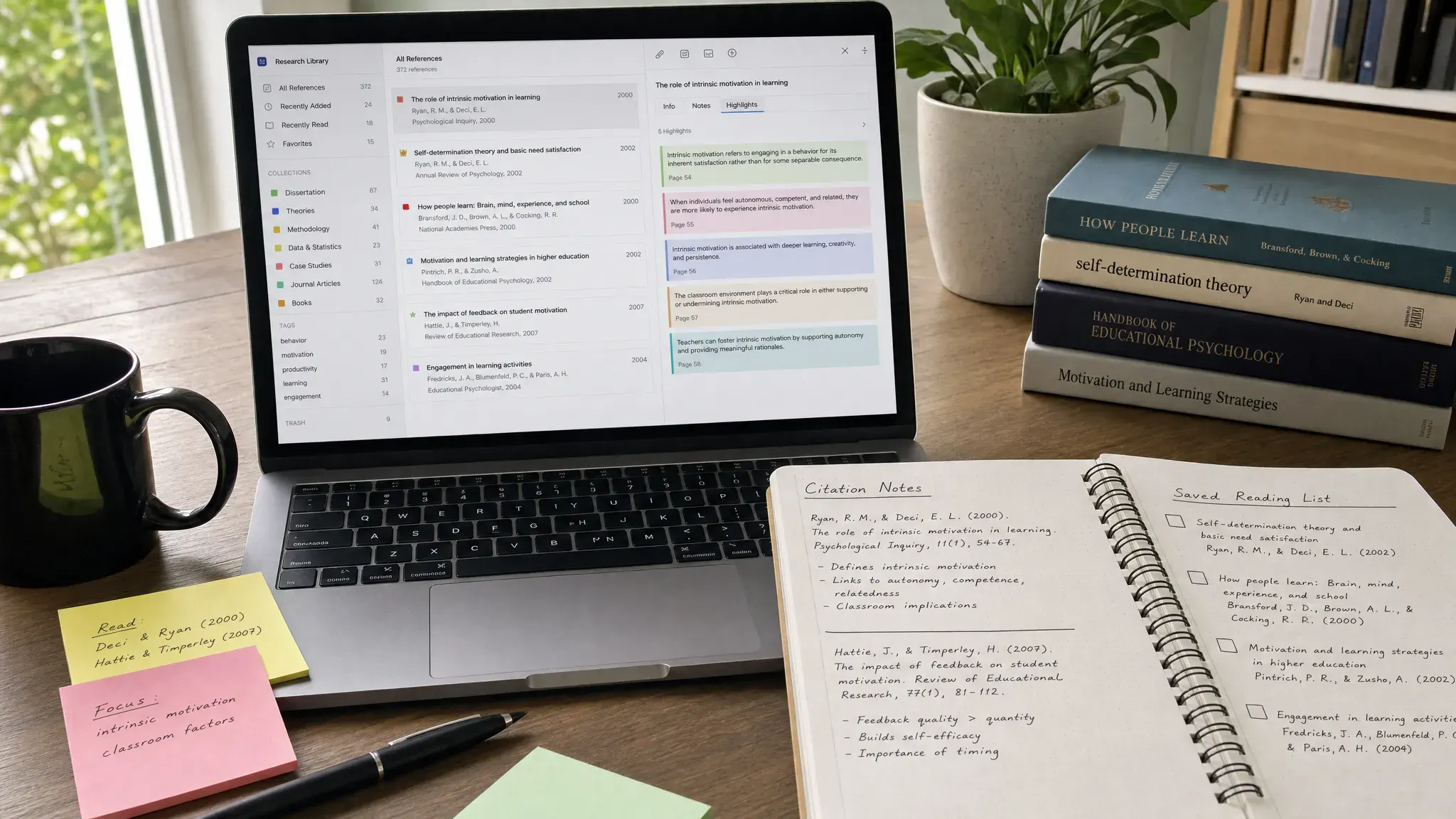 A research workspace with categorized bookmark collections, article highlights, citation notes, and saved reading lists arranged across a laptop and notebook.