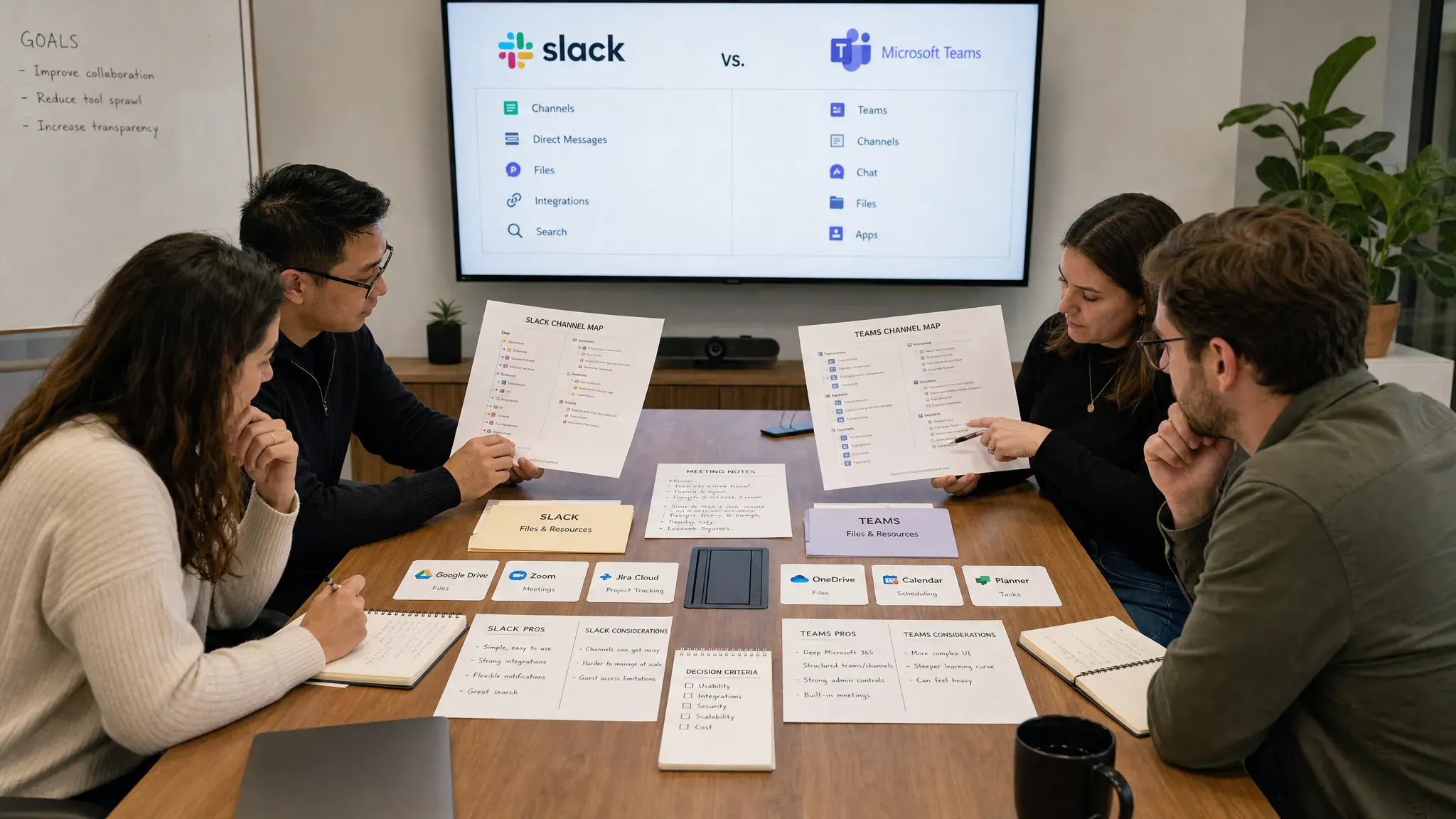 A small business team comparing Slack and Microsoft Teams in a meeting room, with two people looking at printed channel maps, meeting notes, file folders, and integration cards spread across the table, creating a clear side-by-side collaboration comparison.
