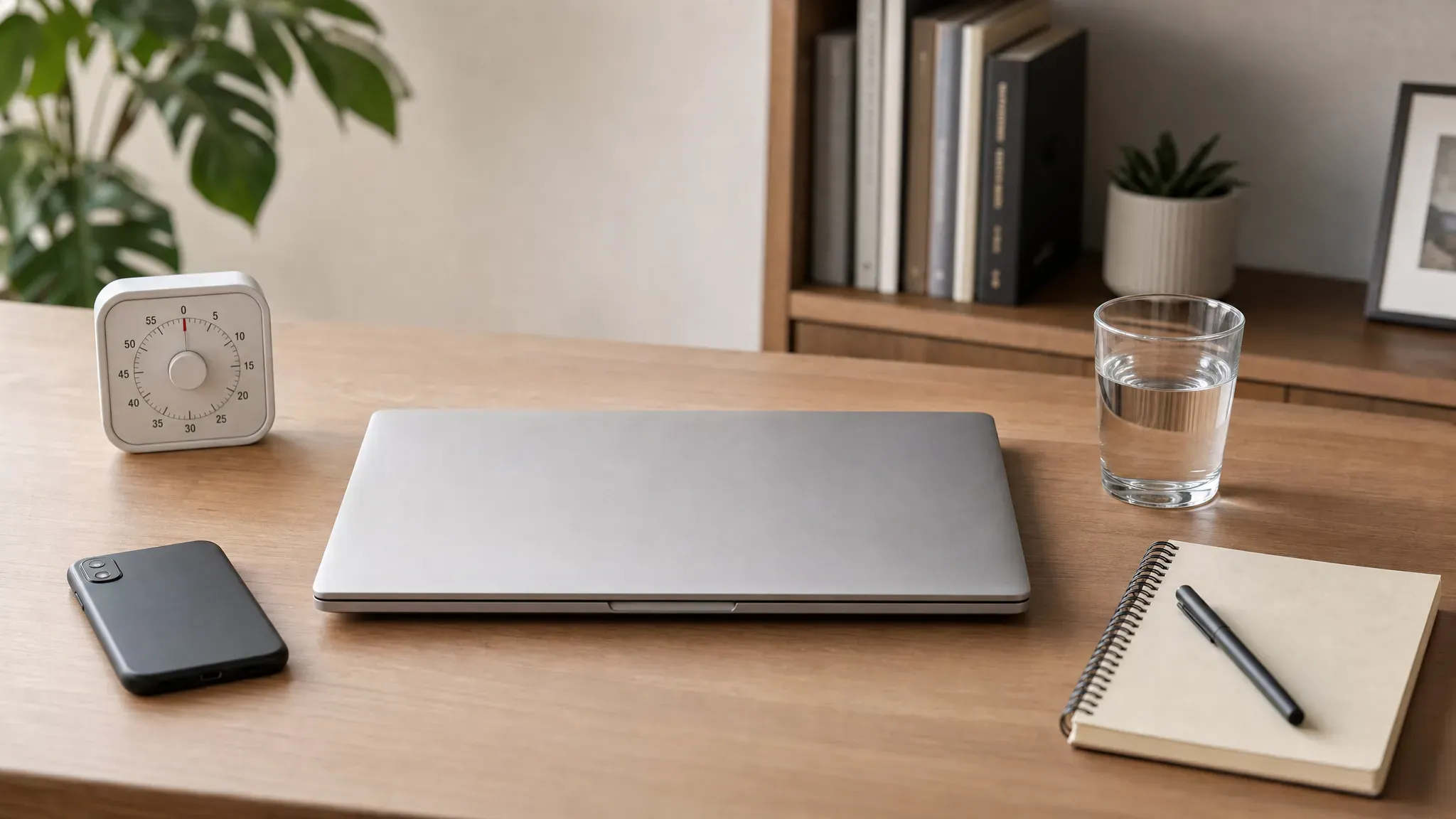 A tidy desk with a closed laptop, a phone placed face down, a small timer, a notebook, and a glass of water, creating a calm workspace designed for focused work without digital distractions.