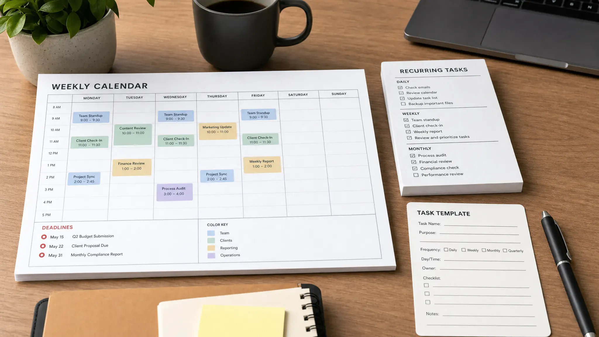 A tidy desk with a weekly calendar, a recurring task checklist, deadline markers, and a task template card arranged together to show a reliable recurring task system.