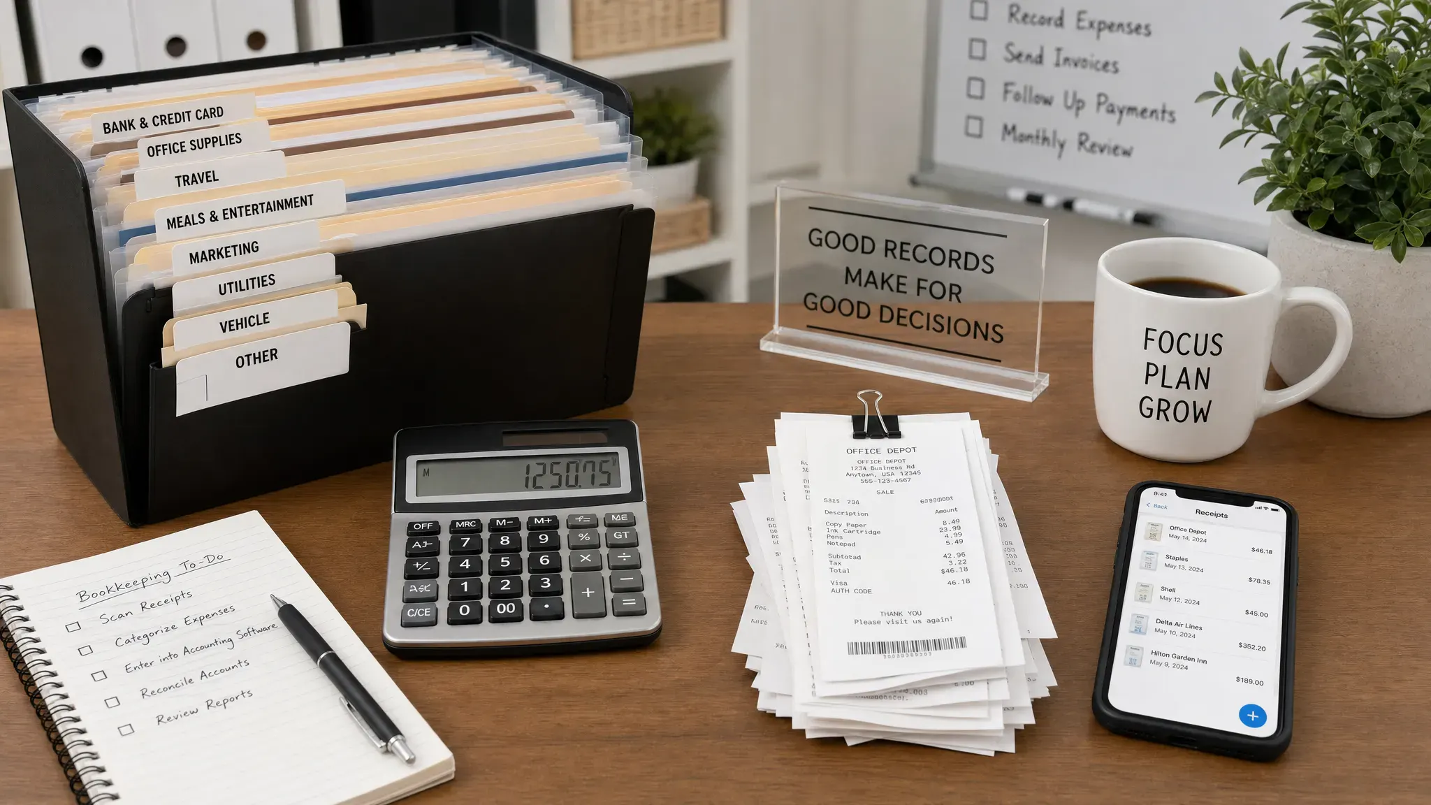 A tidy small business workspace with organized receipt folders, a calculator, labeled expense categories, and a smartphone beside a stack of scanned receipts ready for bookkeeping.