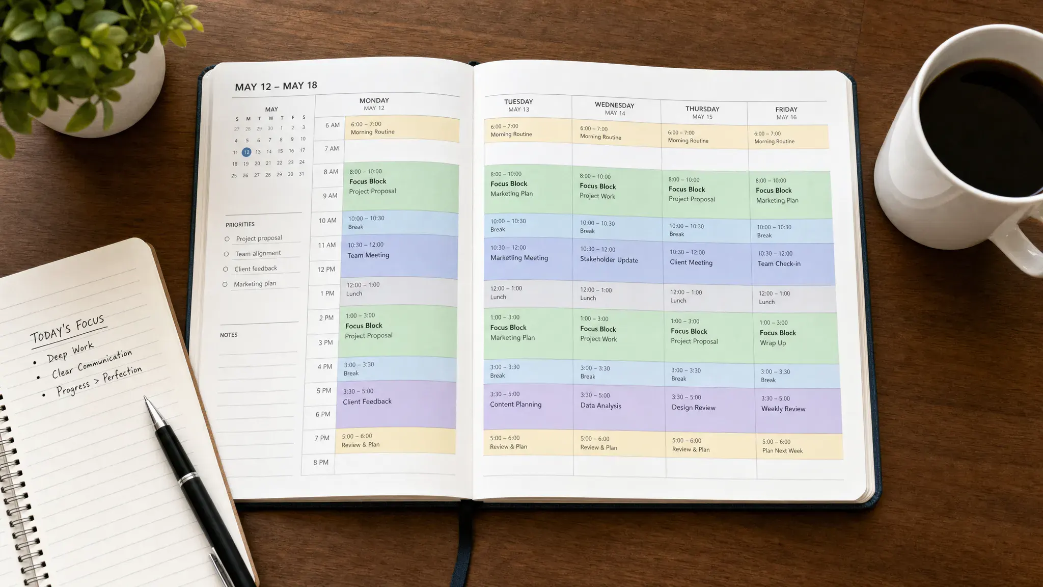 A weekly planner open on a desk with colored time blocks, a notebook, a pen, and a cup of coffee, showing a structured day with focus blocks, meetings, breaks, and review time.