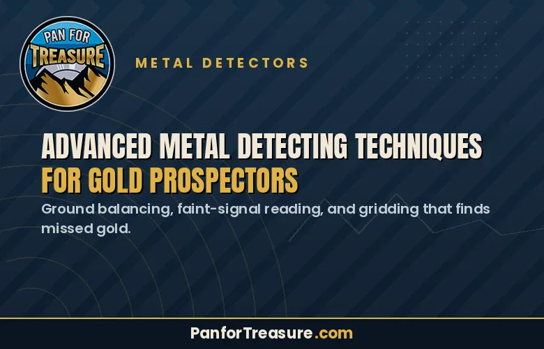 Banner image featuring the text "Advanced Metal Detecting Techniques for Gold Prospectors" on a striking blue background, complete with logo and PanforTreasure.com website at the bottom. Perfect for showcasing expert skills in modern gold prospecting.