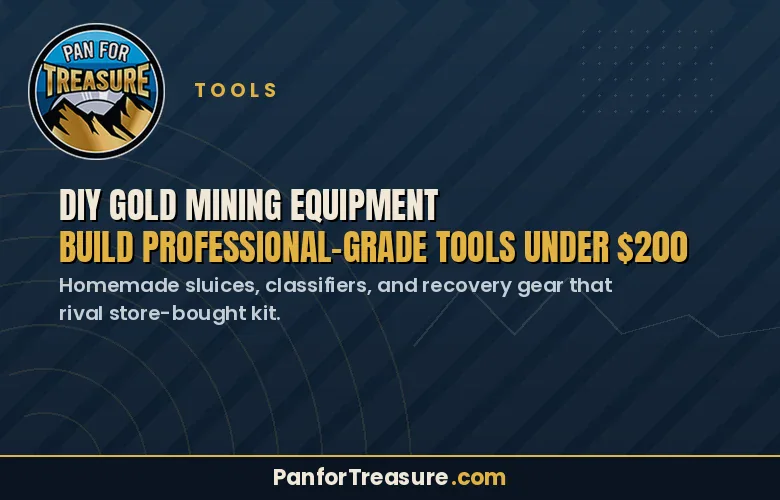 Pan for Treasure graphic advertising DIY Gold Mining Equipment, with bold text stating "Build professional-grade tools under $200" and a website URL at the bottom. Whether you're a hobbyist or serious prospector, discover how easy it is to create your own high-quality DIY Gold Mining Equipment and start your own gold rush today!.