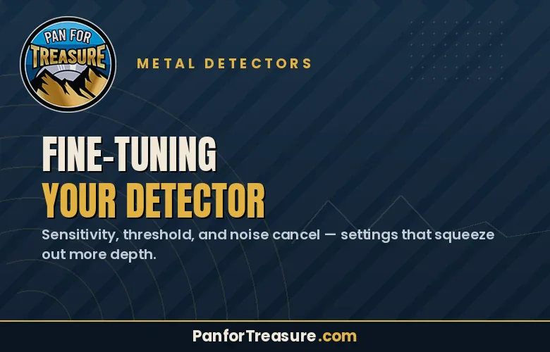 A graphic for Pan for Treasure about metal detectors, focusing on fine-tuning your detector settings like sensitivity, threshold, and noise cancel for better depth.