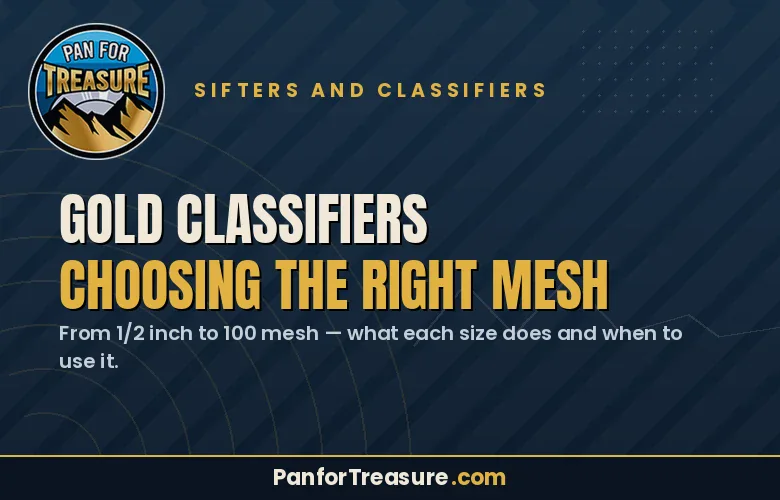 Slide titled "Gold Classifiers: Choosing the Right Mesh" with text about mesh sizes from 1/2 inch to 100 mesh, helping you select the ideal Gold Classifiers for your prospecting needs. Pan for Treasure logo at top left. Website link at bottom.