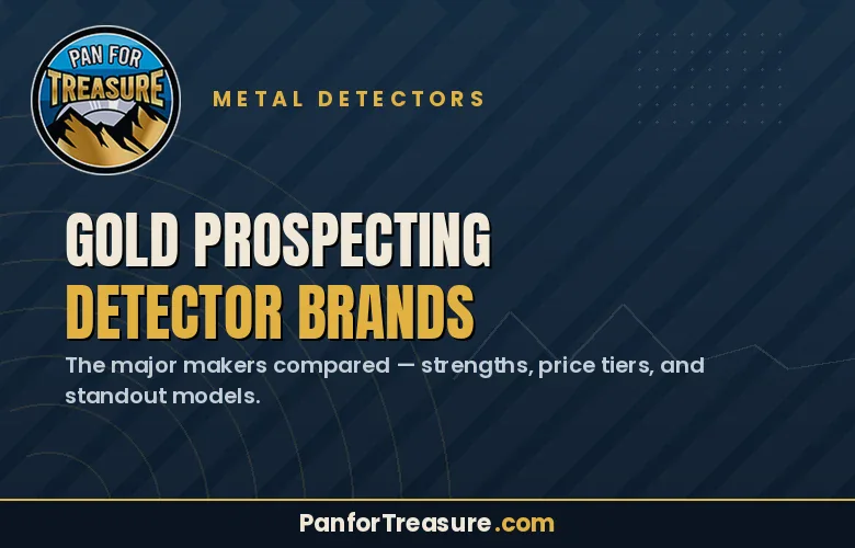 Graphic with bold "Gold Prospecting Detector Brands" headline, highlighting a detailed comparison of the top gold prospecting detector brands, including their key strengths, prices, and features. The design includes the Pan for Treasure logo and website URL at the bottom for brand recognition.