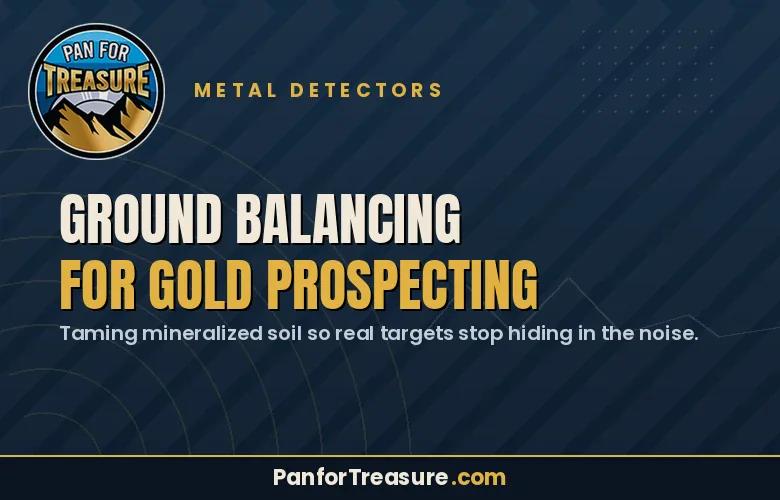 Ground Balancing for Gold Prospecting banner featuring your logo, a compelling tagline, and the PanforTreasure.com website link—promoting metal detectors with advanced ground balancing technology for gold prospecting in highly mineralized soil.