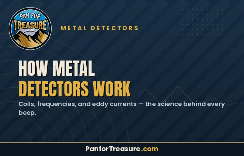 Graphic titled "How Metal Detectors Work" with a Pan for Treasure logo and clear, engaging text that explains how metal detectors work and explores the fascinating science behind them. Website URL PanforTreasure.com is displayed at the bottom.