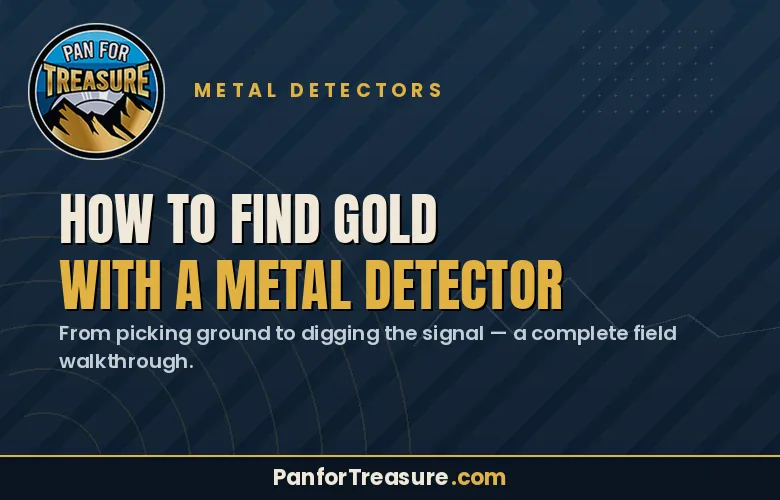 A graphic for Pan for Treasure on How to Find Gold with a Metal Detector, featuring step-by-step field instructions and website details.