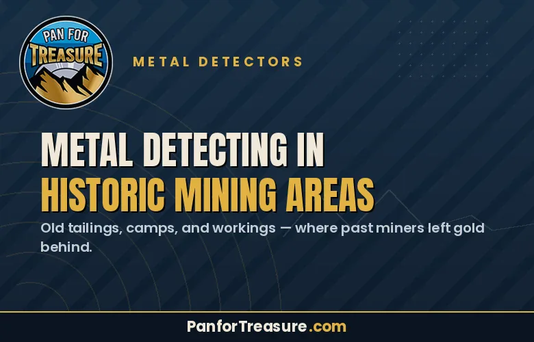 A graphic promoting Metal Detecting in Historic Mining Areas, featuring engaging text and the Pan for Treasure logo set against a striking blue background.