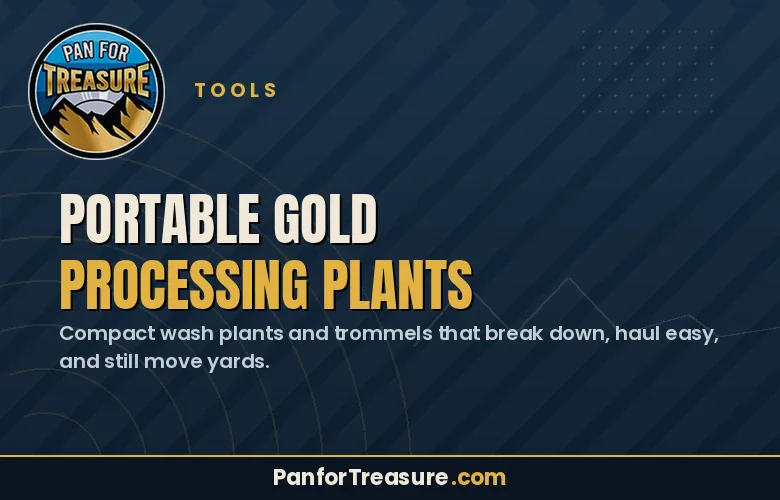 Ad for Portable Gold Processing Plants; includes text about compact wash plants and website PanforTreasure.com on a blue background with a mountain logo.