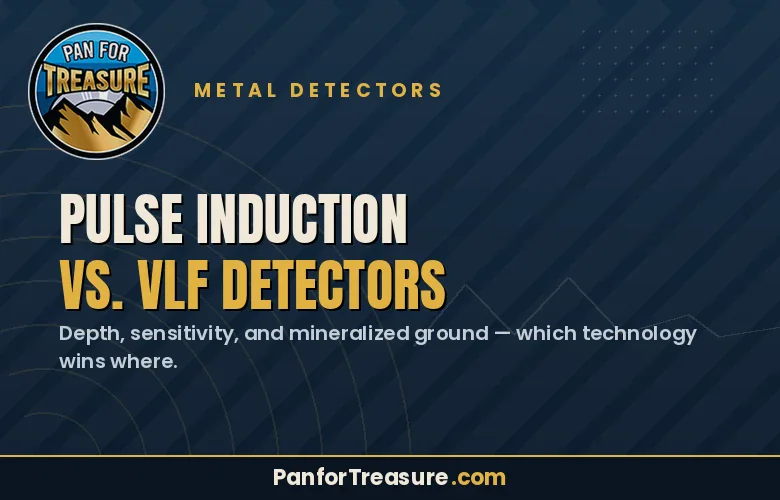 A graphic on metal detectors compares Pulse Induction vs. VLF Detectors, highlighting their use in different ground conditions. The website PanforTreasure.com is displayed at the bottom.