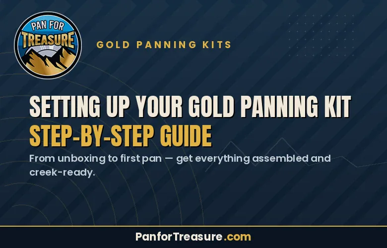 Image displays a gold panning kit guide advertisement. Text highlights Setting Up Gold Panning Kits with a step-by-step setup from unboxing to assembly, with website PanforTreasure.com at the bottom.