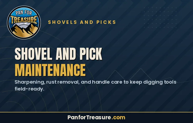Shovel and Pick Maintenance tips for sharpening, rust removal, and handle care are illustrated on a blue graphic featuring the Pan for Treasure logo.