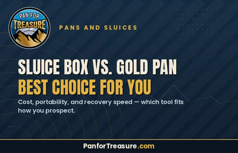 Sluice Box vs. Gold Pan: Best Choice for You. A graphic for Pan for Treasure comparing prospecting tools, highlighting the differences between a Sluice Box vs. Gold Pan with a focus on cost, portability, and recovery speed.