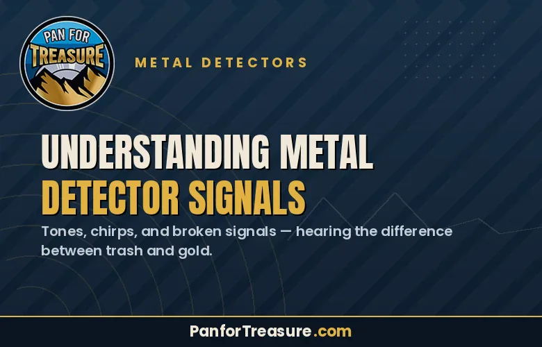 Informational graphic about Understanding Metal Detector Signals, including tones, chirps, and broken signals, from PanforTreasure.com.
