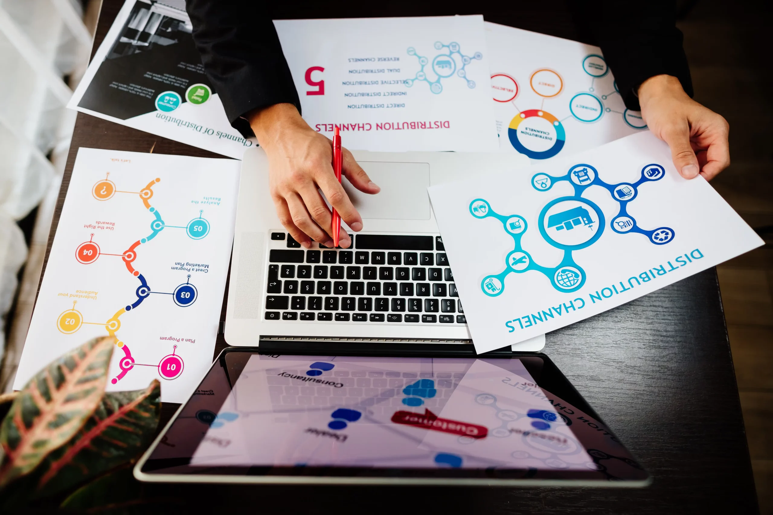 Person working on a laptop at a desk, surrounded by colorful printed charts and diagrams related to distribution channels and business processes.