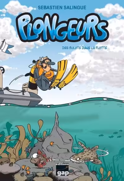 Deux plongeurs comiques s'immergent dans un monde sous-marin animé, illustrant l'aventure et la découverte marine.