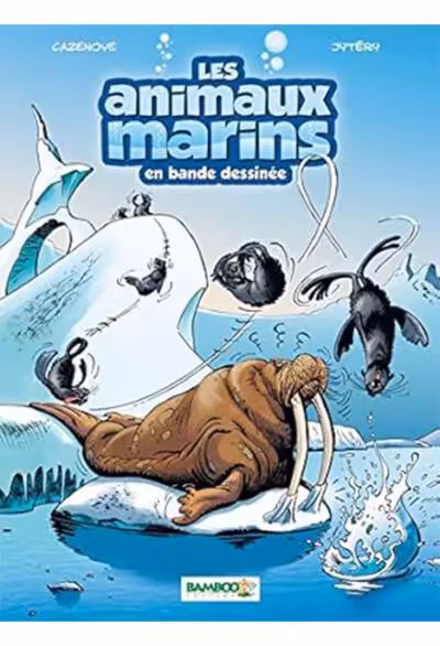 Des animaux marins ludiques et dynamiques explorent un paysage polaire, illustrant la richesse de la biodiversité océanique.