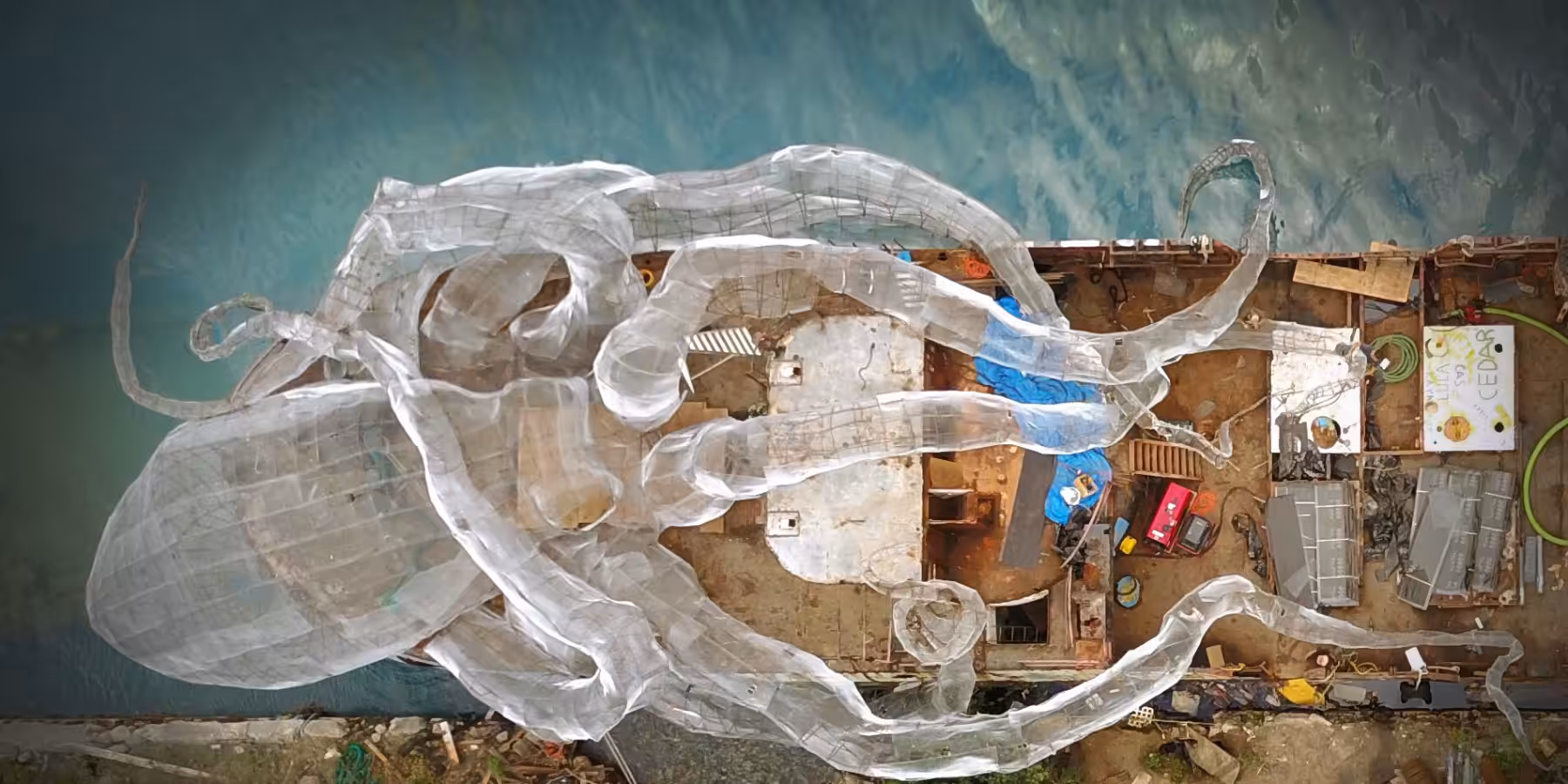 Installation artistique inspirée du monde sous-marin, représentant une créature marine géante.