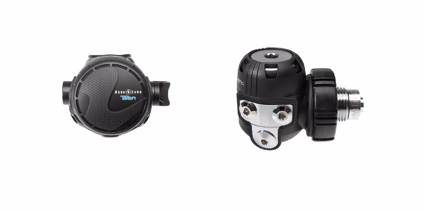 Détail d'un détendeur de plongée Aqua Lung Titan pour explorations sous-marines.