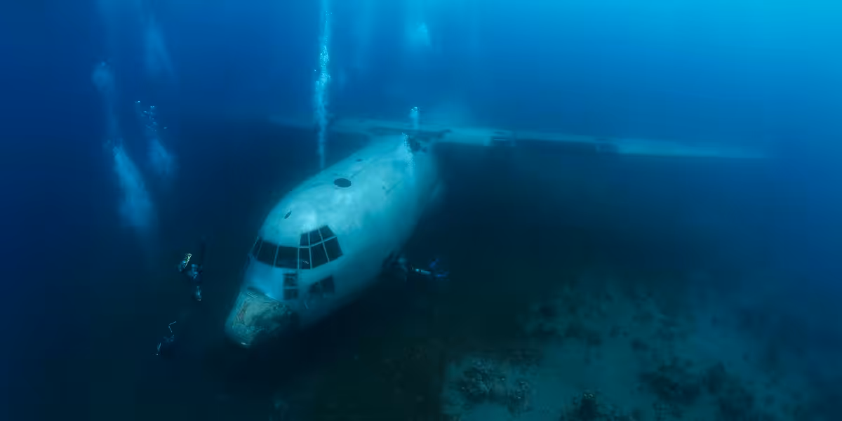 Epave d'avion sous-marin explorée par des plongeurs dans un environnement océanique fascinant.