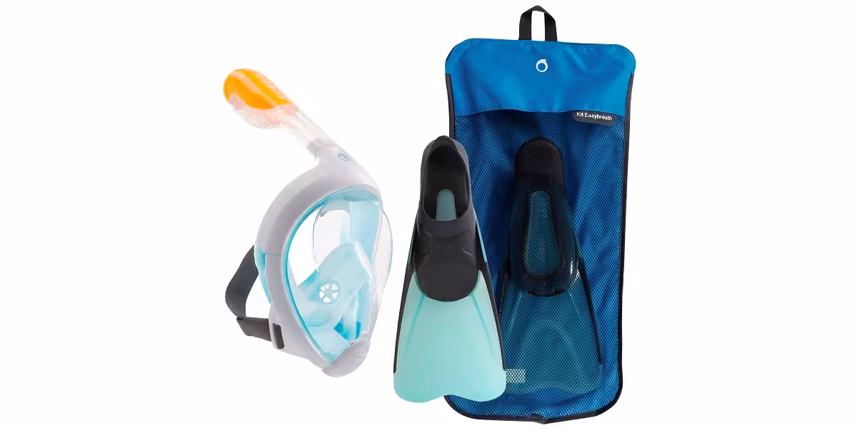 Équipement de snorkeling : masque intégral et palmes pour explorer le monde sous-marin.