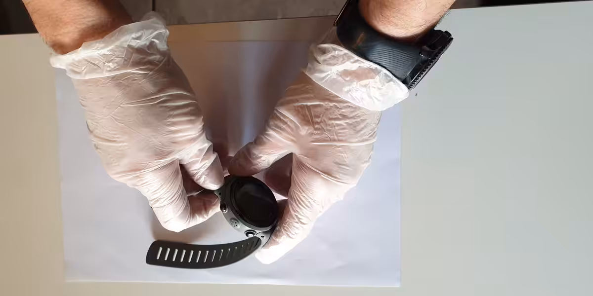 Manipulation d'un équipement sous-marin pour la plongée, avec des gants de protection.