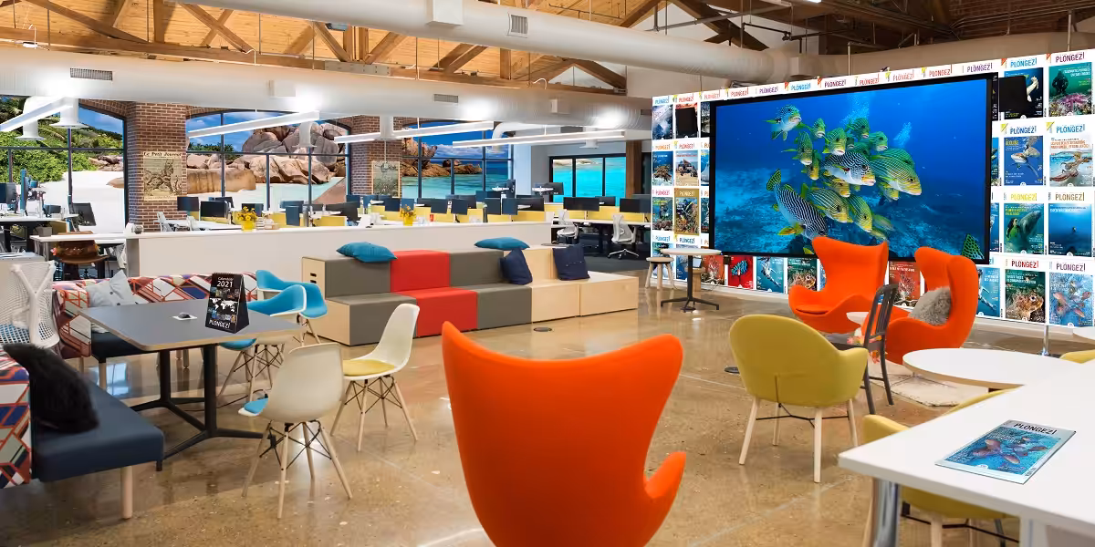 Bureau moderne avec décoration sous-marine et écran affichant des poissons colorés.