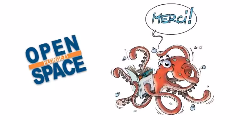 Octopus lisant un livre sous l'eau, symbole de la vie marine et de la curiosité.