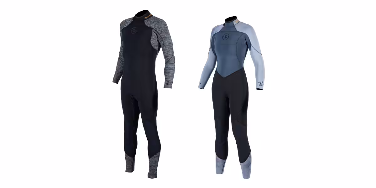 Deux combinaisons de plongée modernes adaptées pour les activités sous-marines et le confort.