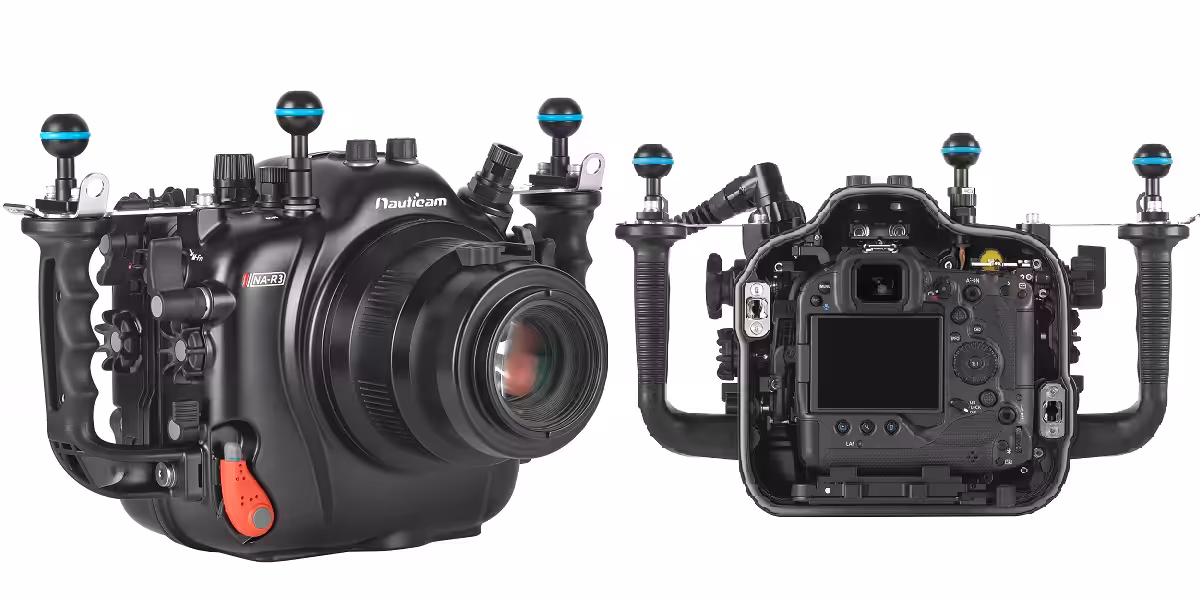 Boîtier étanche Nauticam pour photographie sous-marine, idéal pour capturer la vie aquatique.