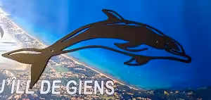Un dauphin stylisé survole la côte ensoleillée de la presqu'île de Giens, invitant à l'exploration sous-marine. 🌊