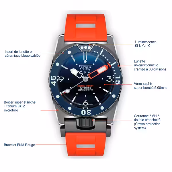 Montre de plongée en titane microbillé, étanche à 3000m, avec lunette en céramique et bracelet FKM rouge pour les explorat...
