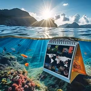 Calendrier de plongée illustrant des destinations exotiques sous-marines, évoquant l'aventure et la découverte des récifs.