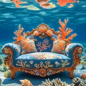 Un canapé somptueux orné de motifs coralliens évoque la beauté des récifs sous-marins, parfait pour les passionnés de plon...