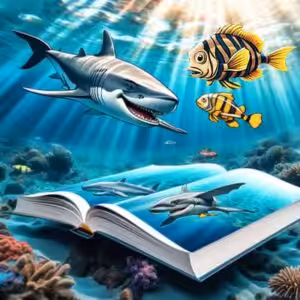 Un livre de bande dessinée s'ouvre sur un monde sous-marin vibrant, mettant en scène des poissons et un requin animés, évo...