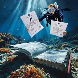 Un plongeur exhibe fièrement ses certifications sous-marines au-dessus d'un livre ouvert, symbolisant l'apprentissage et l...