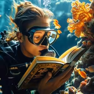 Un plongeur explore les récifs coralliens tout en lisant un livre, illustrant l'harmonie entre aventure et découverte sous...