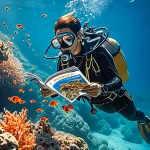 Un plongeur explore un récif coloré tout en lisant un magazine, entouré de poissons tropicaux; évasion sous-marine garantie.