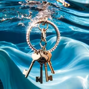 Un porte-clés élégant flotte dans une eau cristalline, symbolisant l'aventure et la liberté des explorations sous-marines....
